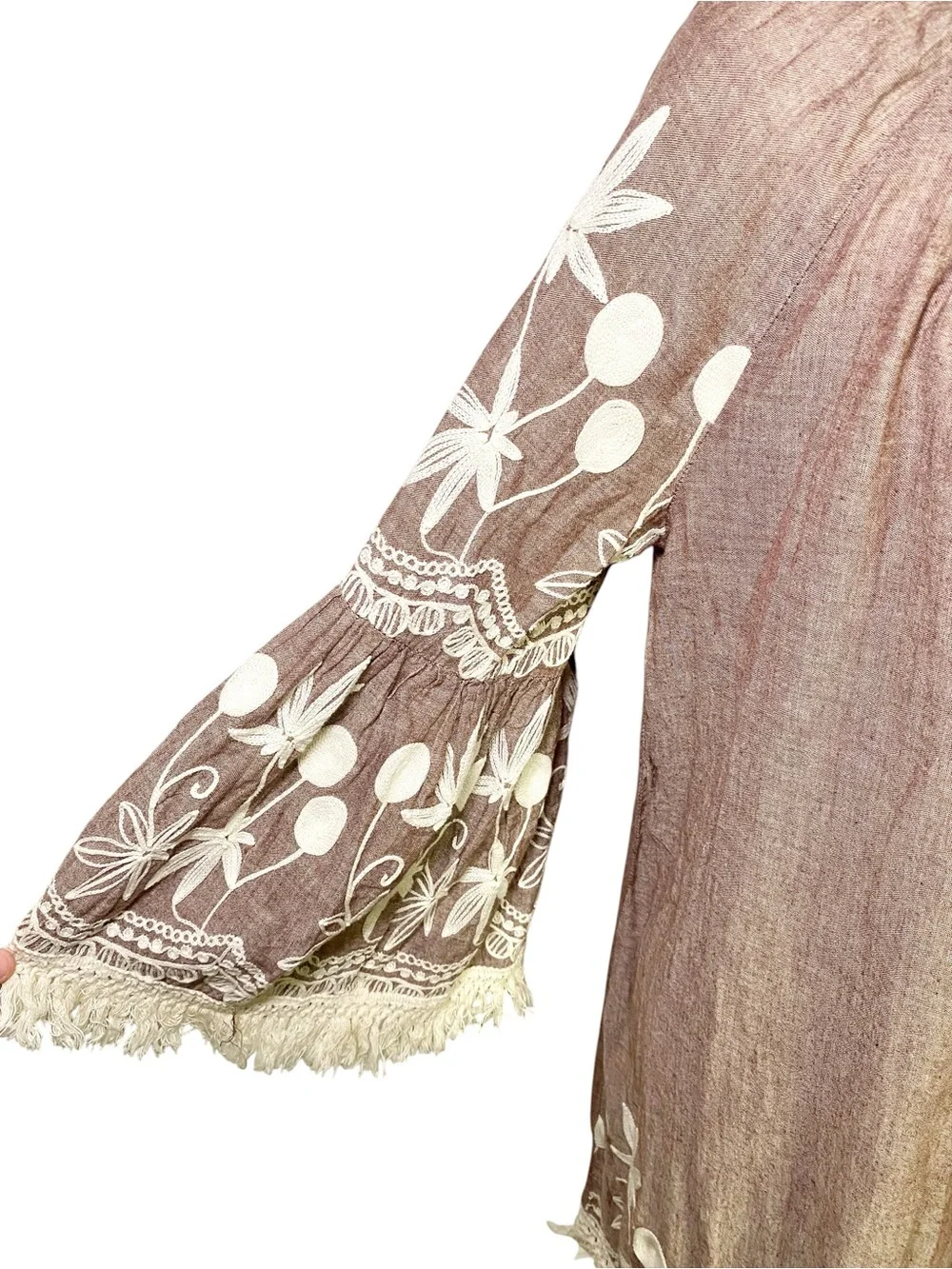 Indigo Soul Boho Embroidered Fringe Peasant Dress Brown Size XL